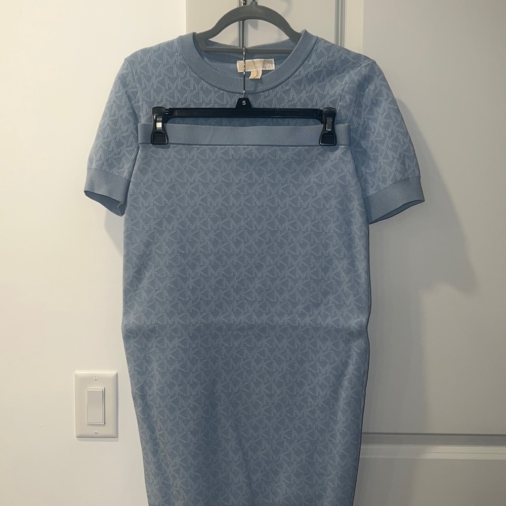Micheal Kors light blue sweater pencil skirt.